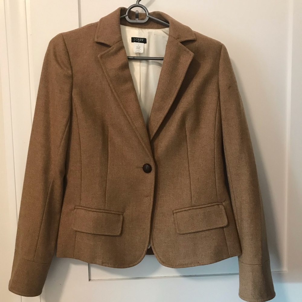 JCrew Tan Wool Blazer with Purple & Cream Lining